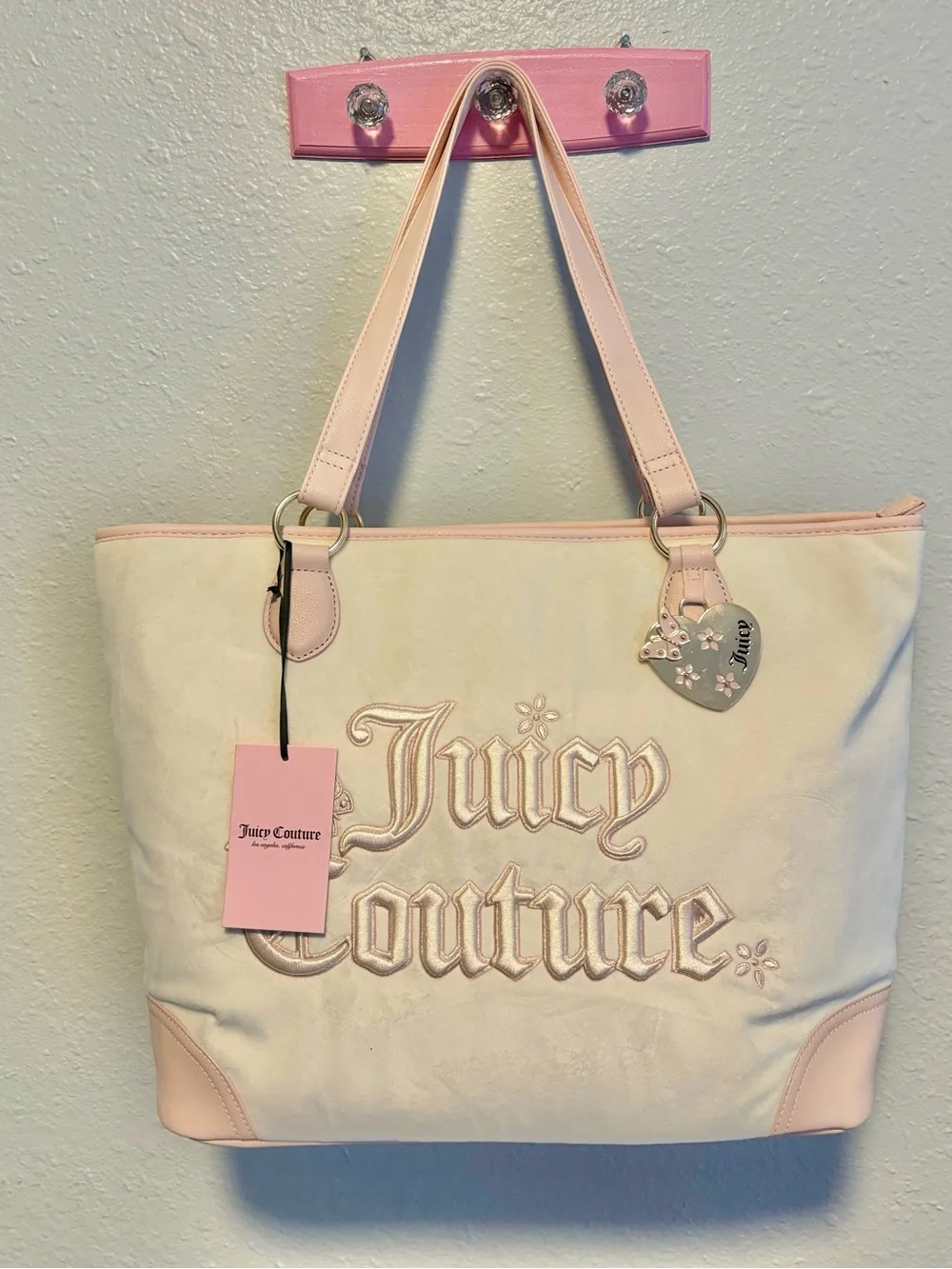Juicy Couture Cream and Light Pink Tote with Heart Charm
